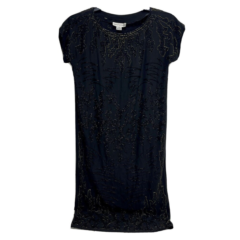 Vintage 100% Silk Black Tie Heavily Beaded Dress Sz XS Black gold Nancy Johnson